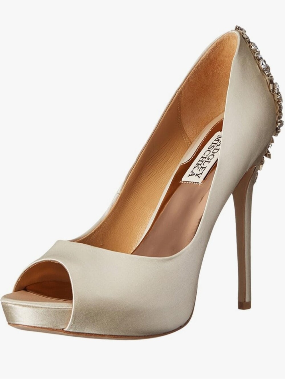 Badgley Mischka Ivory Satin Peep-Toe Crystal Heel Pump Color Like First Picture